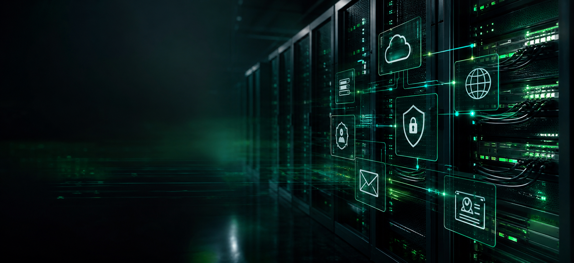 Dark server racks with cloud hosting, SSL, domain, and email interface symbols
